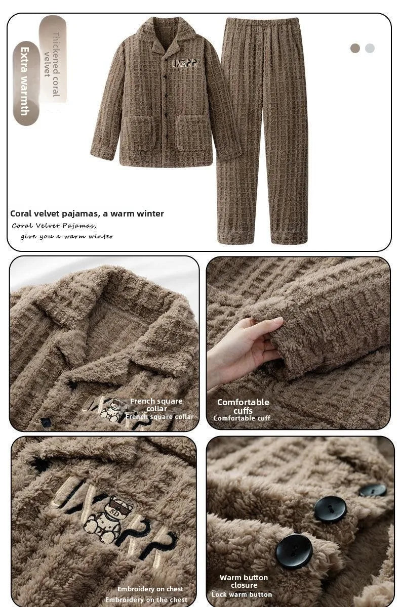 2025 Autumn Winter Coral Fleece Thickened Flannel Sleepwear Home Clothes Set for Men Breathable Long Sleeve Long Pants Pajamas
