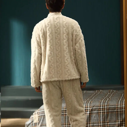 Thickened Long Flannel Pajamas Couples Sleepwear V-neck Embroidered Solid Coral Fleece Home Clothes Set for Autumn And Winter