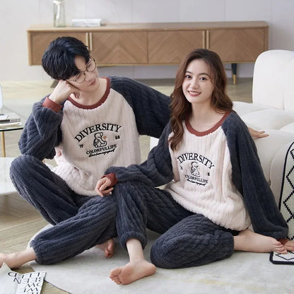 Thickened Coral Fleece Long Sleeve Sleepwear for Couples Spring Autumn Winter Flannel Warm Home Clothes Men Women Winter Home Py