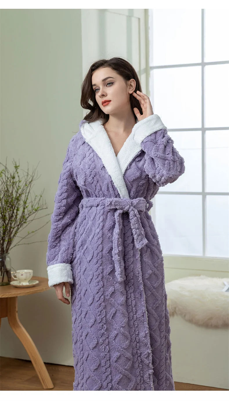 Thick Women Warm Bathrobe Solid Hooded Warm Ladies Dressing Gown Long Sleeve Flannel Bath Robe For Female