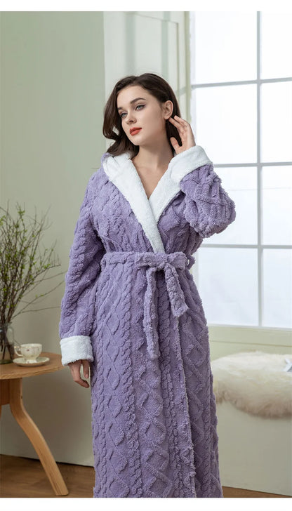 Thick Women Warm Bathrobe Solid Hooded Warm Ladies Dressing Gown Long Sleeve Flannel Bath Robe For Female