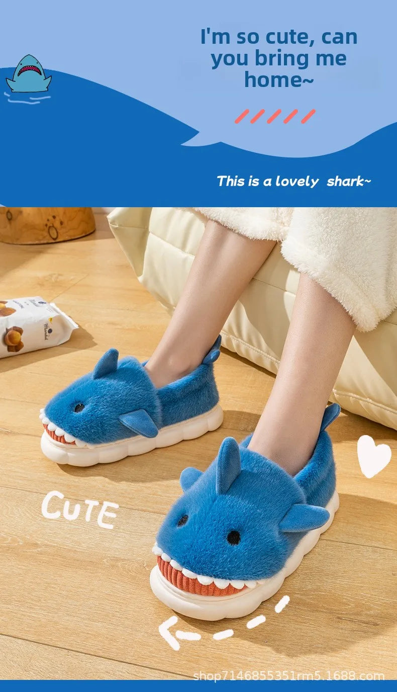 Warm Anti-Slip Plush Slippers Shark Style Women's Winter Home Wear Outdoor Fashionable Cotton Shoes Men's Comfortable Slip-On