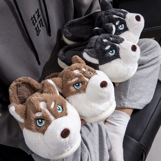 Men Indoor Cotton Slippers Cute Cartoon Dog Winter Warm Shoes Couples Home Floor Slides Anti-slip  Female Male House Footwear