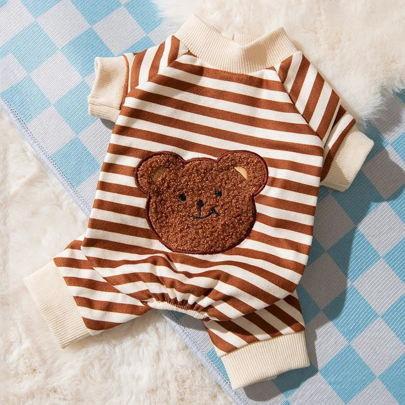 Striped Pet Dog Jumpsuit Spring Autumn Medium Small Dog Clothes Cute Bear Pattern Pet Pajamas Kitten Puppy Sweatshirt Dog Coat