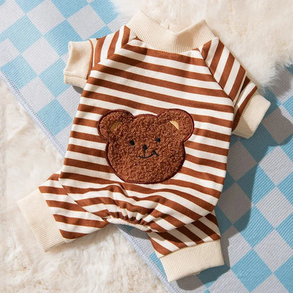 Striped Pet Dog Jumpsuit Spring Autumn Medium Small Dog Clothes Cute Bear Pattern Pet Pajamas Kitten Puppy Sweatshirt Dog Coat