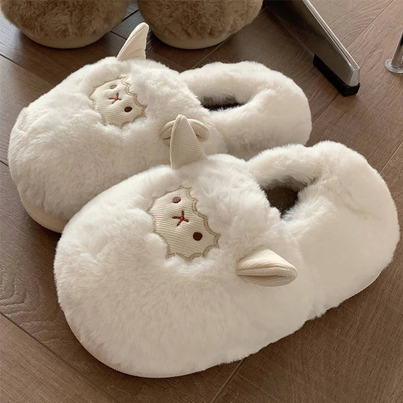 Gacimy Winter Plush Slippers For Women Cute Milk Cow Fluffy Cotton Shoes Girls Fashion Cartoon Indoor Warm Comfortable Slippers
