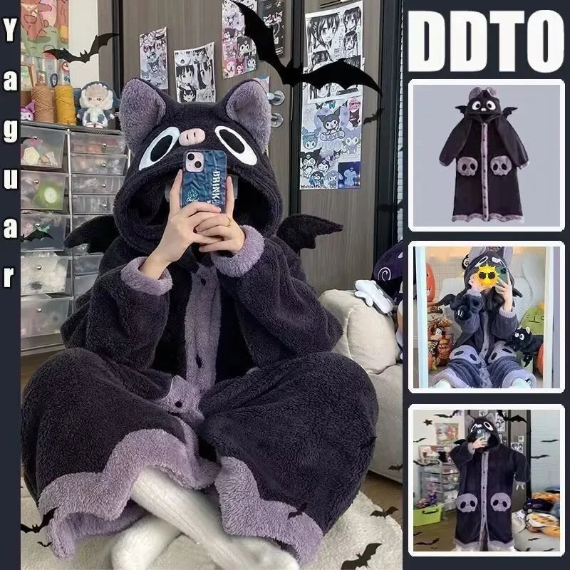 Cute Plush Bear Robe Women's Autumn Winter Coral Fleece Thickened One-Piece Sleepwear Home Clothes Robe Comfortable Homewear