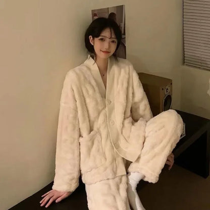 Winter Plush Fleece Thickened Flannel Sleepwear Set Women's Home Clothes Warm Cozy Breathable Long Sleeve Long Pants Home Lei...