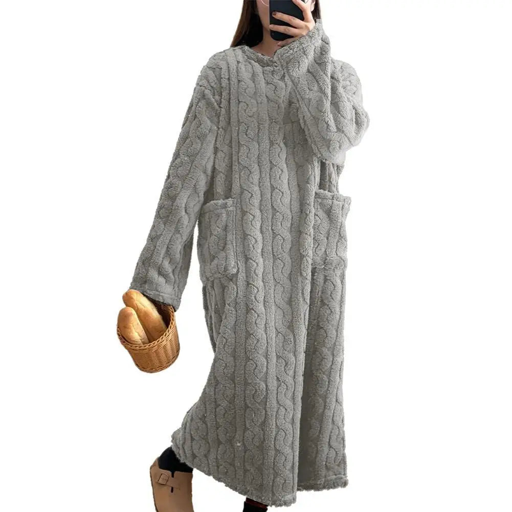 Winter Long Sleeve Flannel Nightgowns Women Loose Double Pocket Solid Sleepwear Jacquard Night Dress Thickened Warm Nightdress