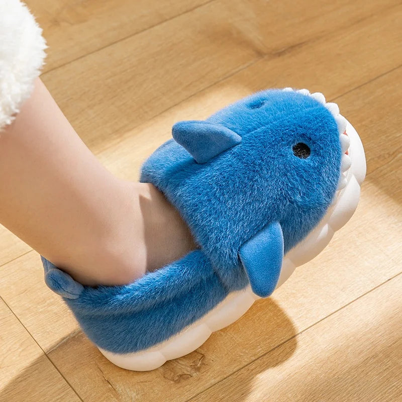 Warm Anti-Slip Plush Slippers Shark Style Women's Winter Home Wear Outdoor Fashionable Cotton Shoes Men's Comfortable Slip-On