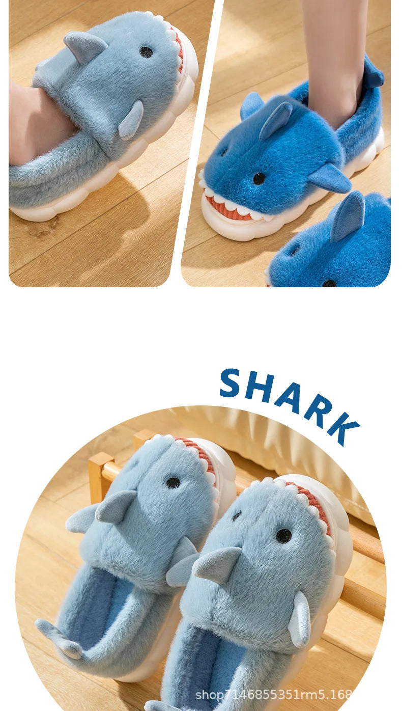 Warm Anti-Slip Plush Slippers Shark Style Women's Winter Home Wear Outdoor Fashionable Cotton Shoes Men's Comfortable Slip-On