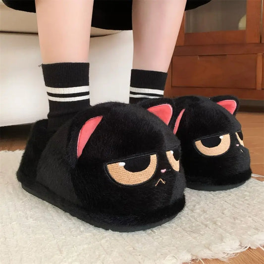 Winter black unhappy kitty slippers women men indoor home slides shoes ladies fun fuzzy kitten slipper cat lovers indoor shoes