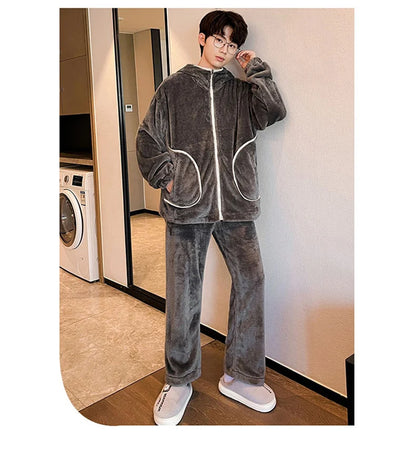 6XL 7XL 8XL Winter Men's Hooded Homewear Heavy Plus Velvet Zipper Cardigan Plus Size Pajamas Pants Keep Warm White Black Suit