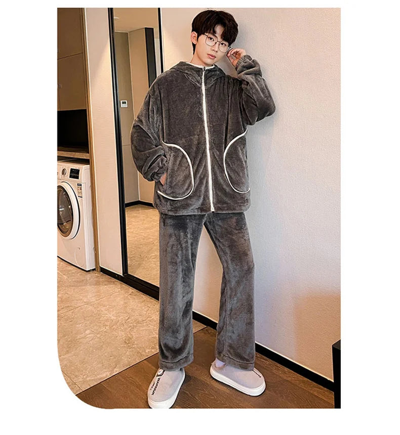 6XL 7XL 8XL Winter Men's Hooded Homewear Heavy Plus Velvet Zipper Cardigan Plus Size Pajamas Pants Keep Warm White Black Suit