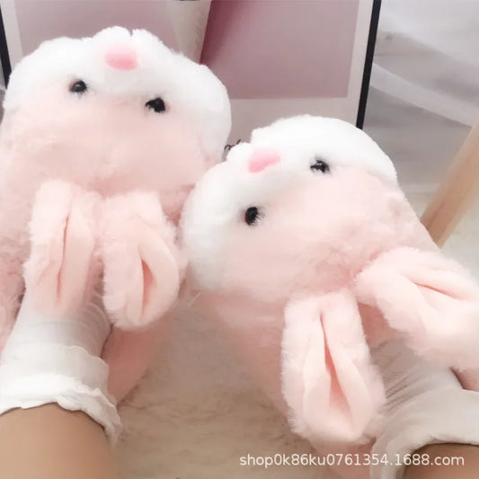 Thickened Plush Home Slippers for Men And Women Cute Rabbit Design Indoor Couples Cotton Slippers with Heel Indoor Shoes