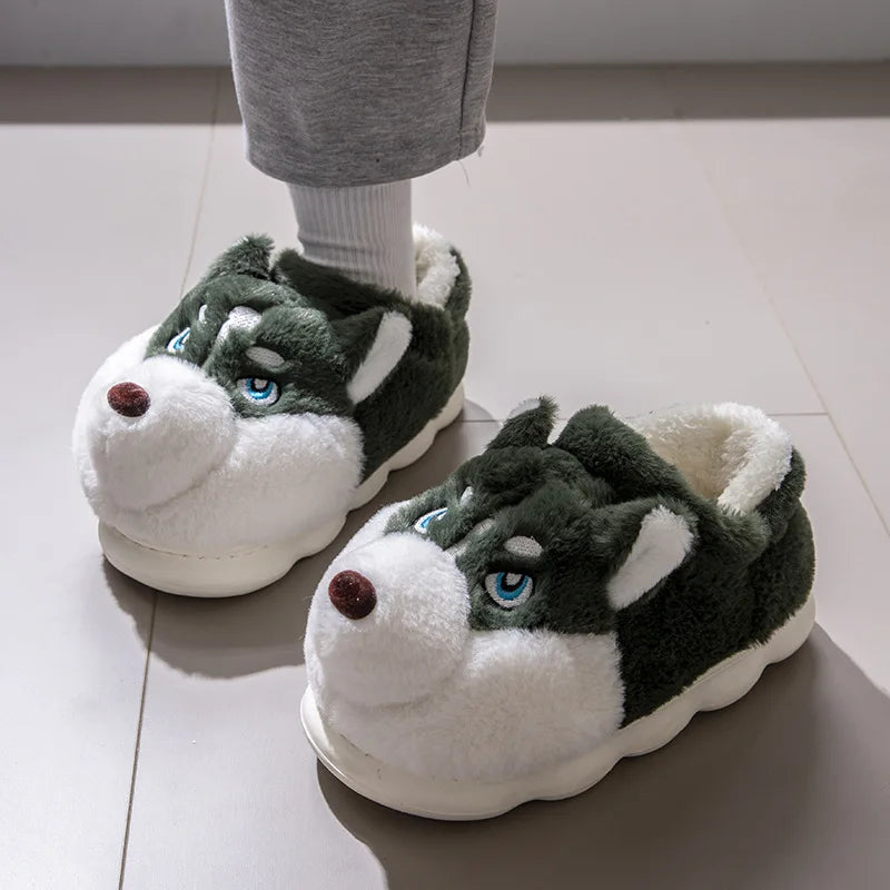 Men Home Cotton Slippers Cute Cartoon Dog Winter Warm Shoes For Couples Soft Plush Anti-slip Male Female Indoor Fluffy Slides