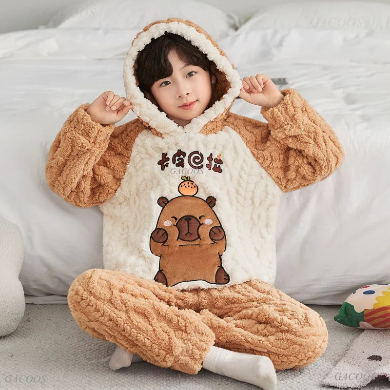 Winter Kids Fleece Pajamas Panda Children Clothing Sets Thick Hooded Pijamas for 4 6 8 12 Years Animal Cartoon Warm Home Clothes