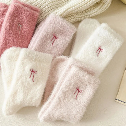 5 pairs Autumn Winter Fashionable Versatile Bow Plush Socks Cute Sweet Mid tube Socks Thick Warm Home Women's Socks