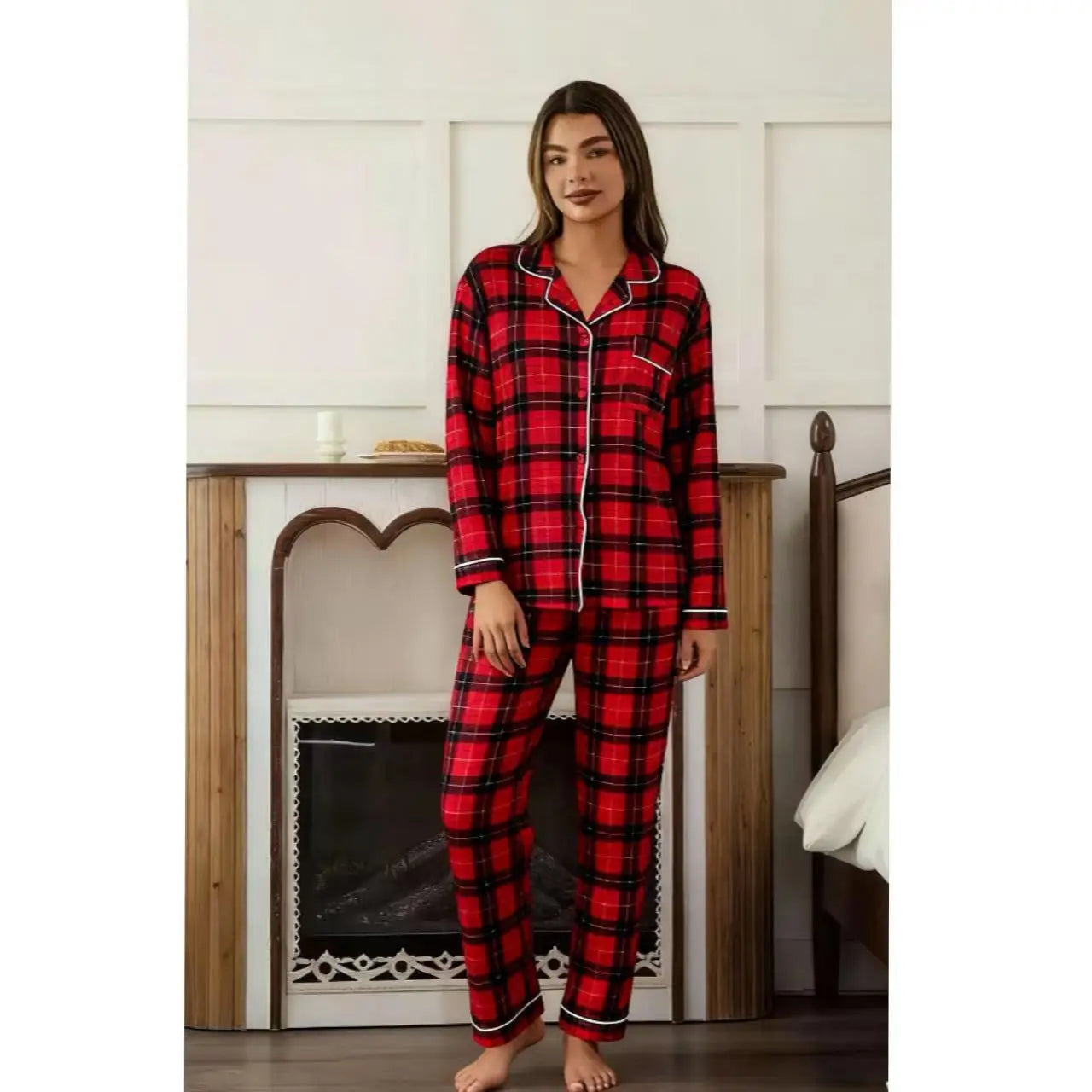Casual Plaid Pajamas For Women Two Pieces Sleepwear Women's Pajama Trousers Loungewear Sets Nightwear Female Home Suit Clothes
