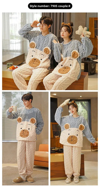 Thickened Coral Fleece Long Sleeve Sleepwear for Couples Spring Autumn Winter Flannel Warm Home Clothes Men Women Winter Home Py