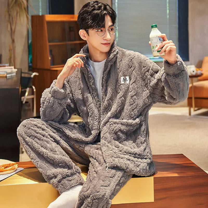 2 piece men's sleepwear long sleeved pants autumn and winter coral fleece thick jacquard fabric Pajama home suit set