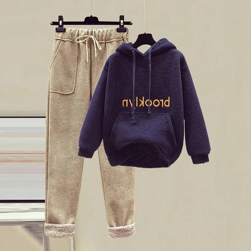 Thickened Lamb Velvet Set Women's Autumn Winter New Embroidery Sweatshirt Women's + Wool Wide Leg Pants Women Two Piece Set