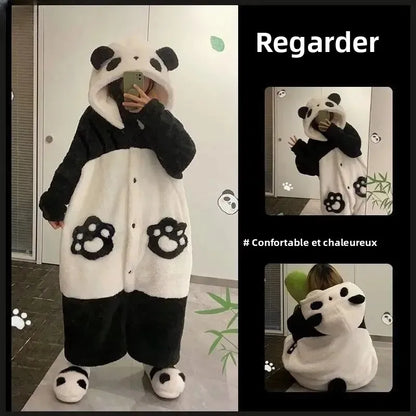 Cute Plush Bear Robe Women's Autumn Winter Coral Fleece Thickened One-Piece Sleepwear Home Clothes Robe Comfortable Homewear