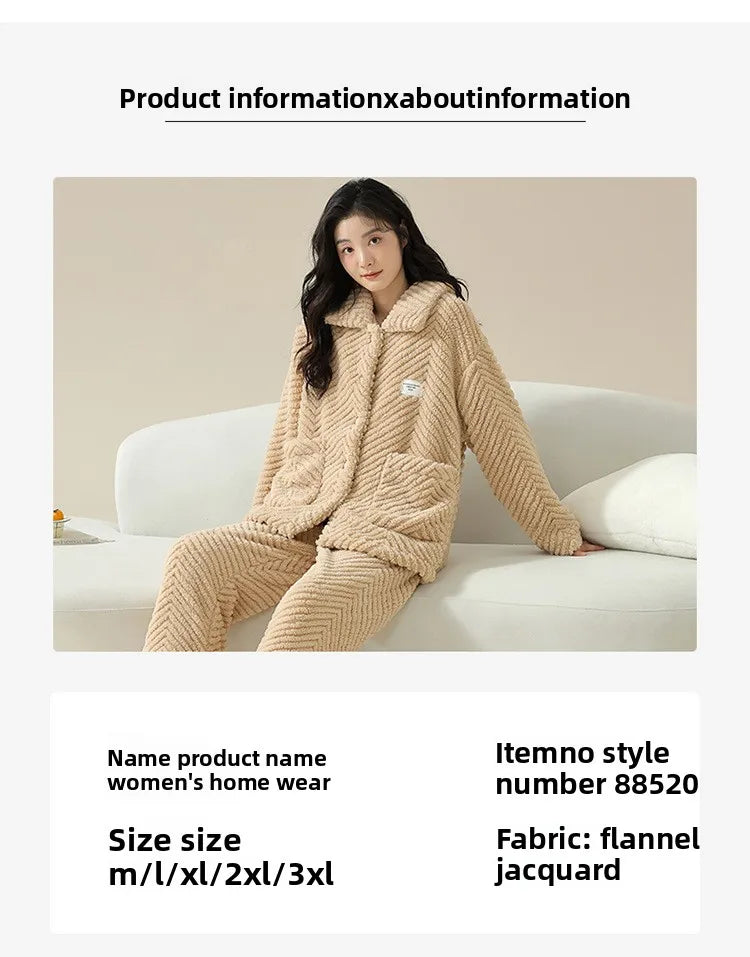 Warm Flannel Sleepwear Set for Women Long Sleeve Long Pants Casual Collar Can Be Worn outside Home Clothes Winter Collection