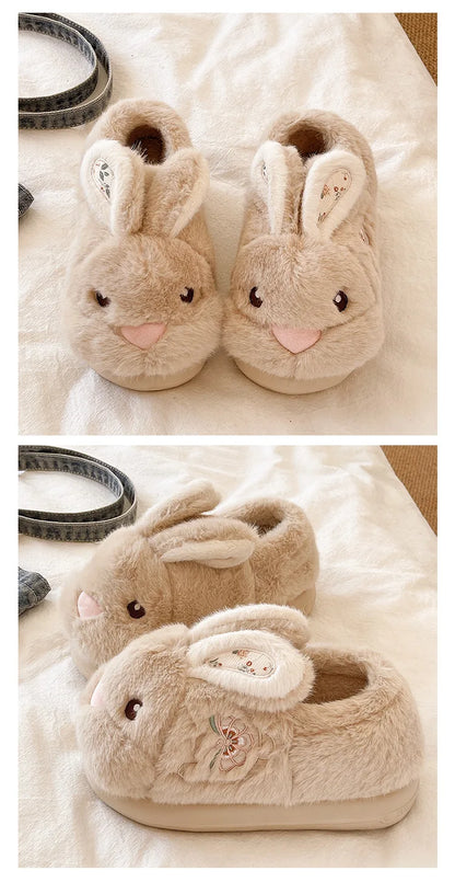Cute Rabbit Embroidery Cotton Slippers Women's Winter New Style Indoor Home Anti-slip Warm Plush Wrapped Heel Cotton Shoes Ou...