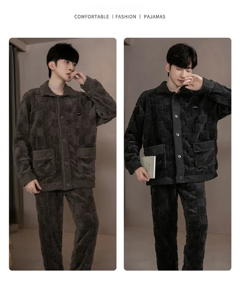 2Pcs/set men's pajamas autumn and winter padded and thickened warm long-sleeved trousers coral fleece homewear men's clothing