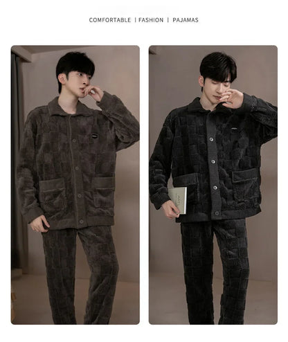 2Pcs/set men's pajamas autumn and winter padded and thickened warm long-sleeved trousers coral fleece homewear men's clothing