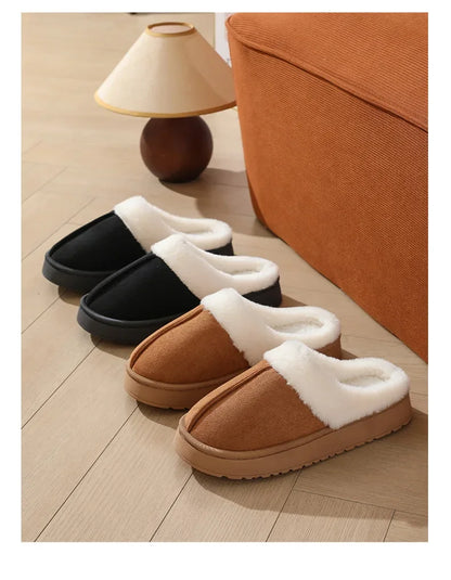 Women's plush slippers winter outdoor, thick sole non-slip fur flip flops with fur collar, warm unisex house shoes for home use