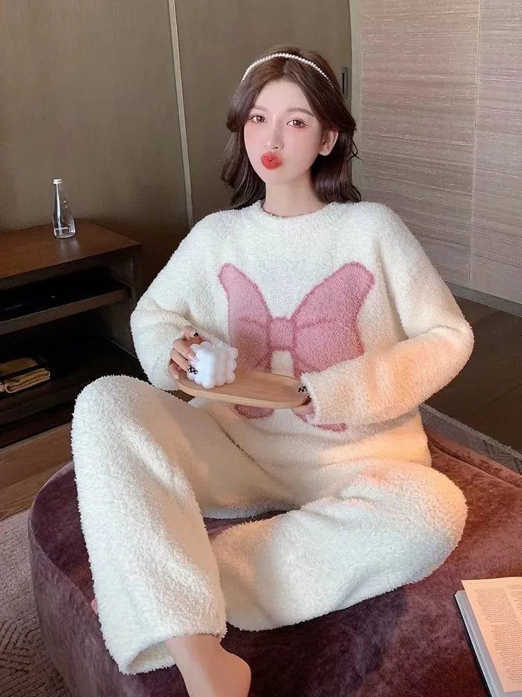 2024 New Women's Sleepwear Autumn/Winter Thickened Fleece-Lined Sweet Cute Coral Velvet Home Suit Cross-Border