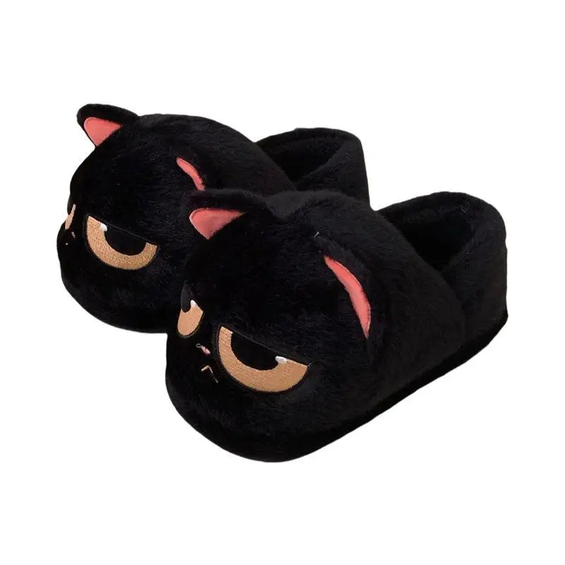 Winter black unhappy kitty slippers women men indoor home slides shoes ladies fun fuzzy kitten slipper cat lovers indoor shoes