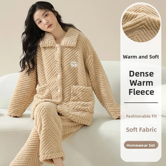 Warm Flannel Sleepwear Set for Women Long Sleeve Long Pants Casual Collar Can Be Worn outside Home Clothes Winter Collection