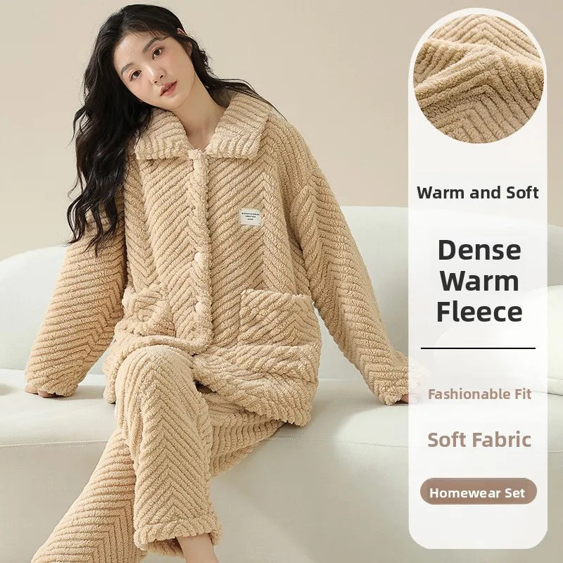 Warm Flannel Sleepwear Set for Women Long Sleeve Long Pants Casual Collar Can Be Worn outside Home Clothes Winter Collection