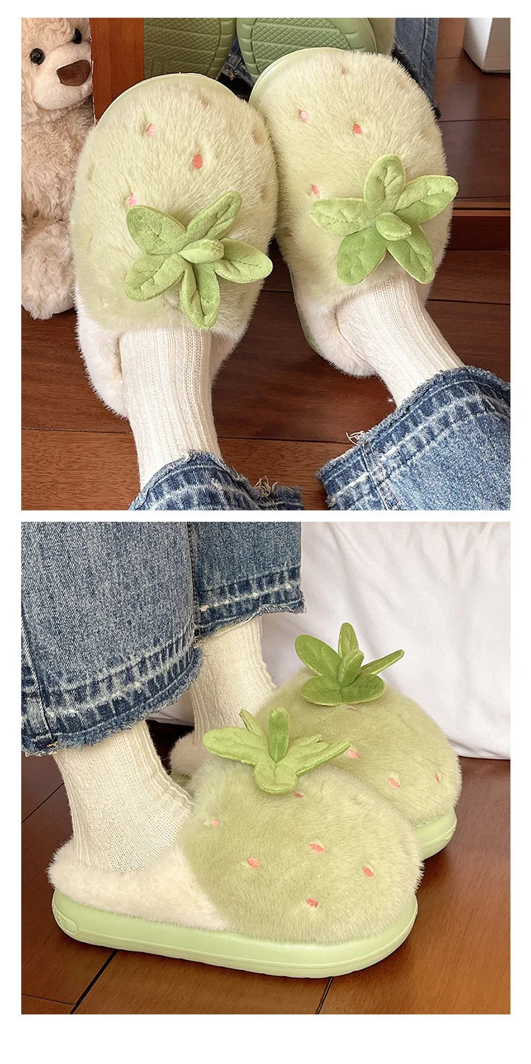 Cute Strawberry Fluffy Slippers Women's Indoor Home Warm Thick Bottom Anti-slip Outdoor Wearable Slip-On Indoor Slippers