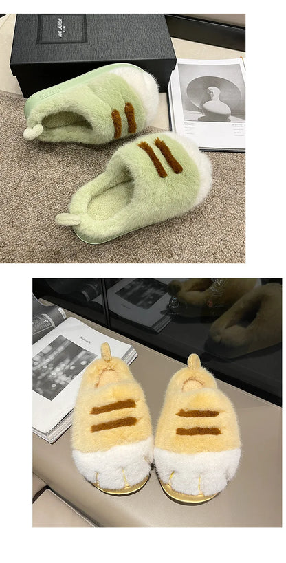 New Adorable Kitty Claw Slippers Women's Home Shoes Non Slip Furry Mules Female Fashion Warm Fluffy Slides Outdoor Cat Slippers