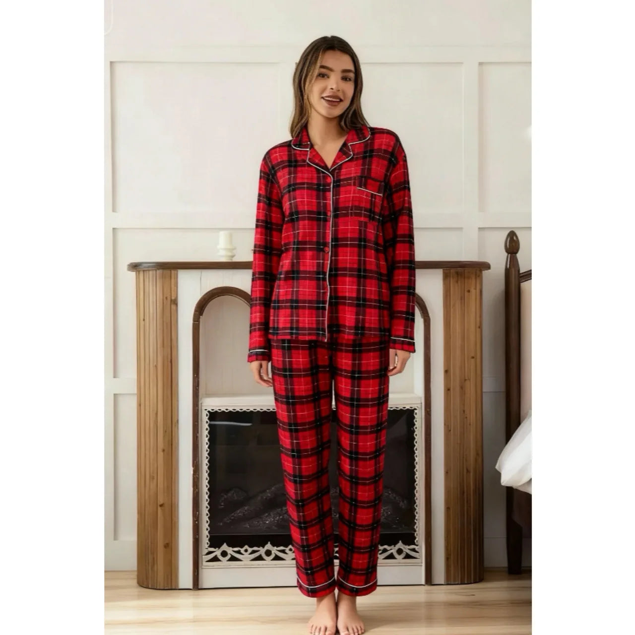 Casual Plaid Pajamas For Women Two Pieces Sleepwear Women's Pajama Trousers Loungewear Sets Nightwear Female Home Suit Clothes