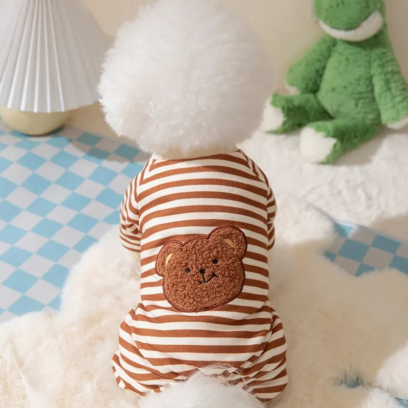 Striped Pet Dog Jumpsuit Spring Autumn Medium Small Dog Clothes Cute Bear Pattern Pet Pajamas Kitten Puppy Sweatshirt Dog Coat