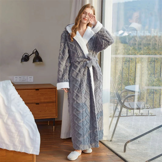 Thick Women Warm Bathrobe Solid Hooded Warm Ladies Dressing Gown Long Sleeve Flannel Bath Robe For Female