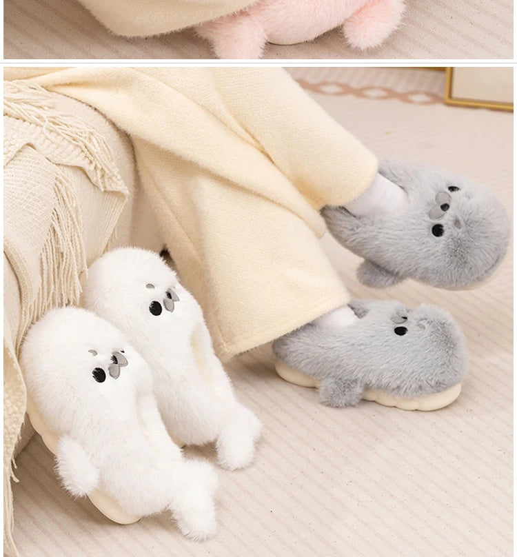 Little Seal Fluffy Home Slippers Anti-Slip Indoor Floor Shoes Cartoon Cute Plush Thicken Warm Cotton Shoes