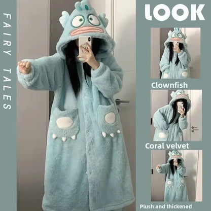 Cute Plush Bear Robe Women's Autumn Winter Coral Fleece Thickened One-Piece Sleepwear Home Clothes Robe Comfortable Homewear