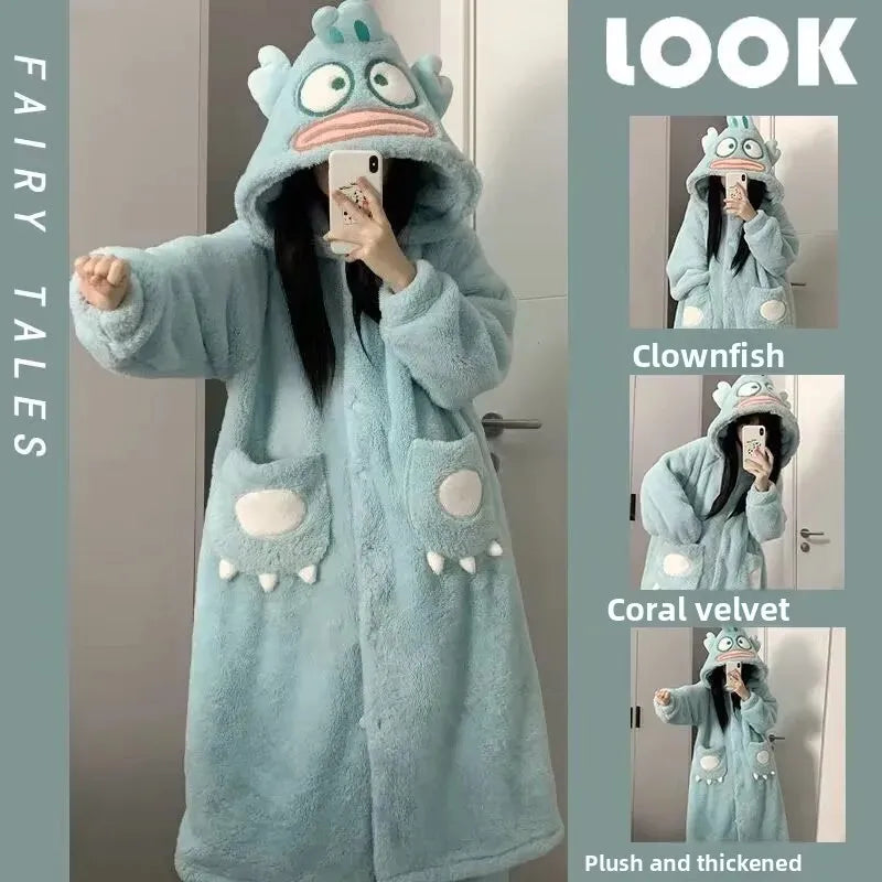 Cute Plush Bear Robe Women's Autumn Winter Coral Fleece Thickened One-Piece Sleepwear Home Clothes Robe Comfortable Homewear