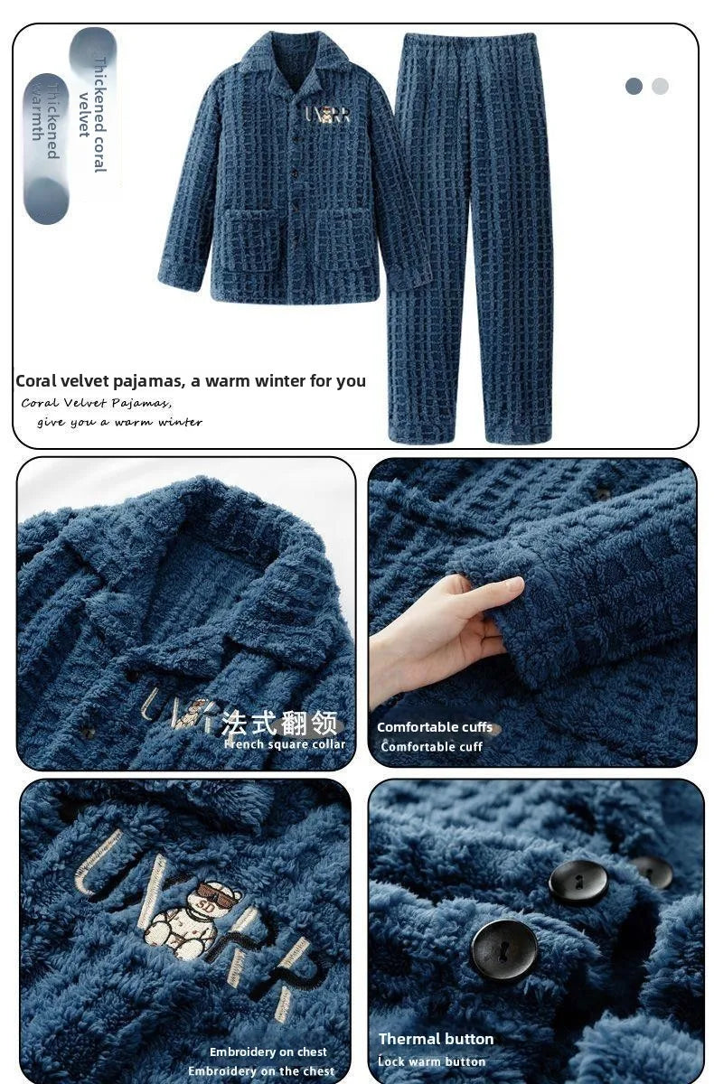 2025 Autumn Winter Coral Fleece Thickened Flannel Sleepwear Home Clothes Set for Men Breathable Long Sleeve Long Pants Pajamas