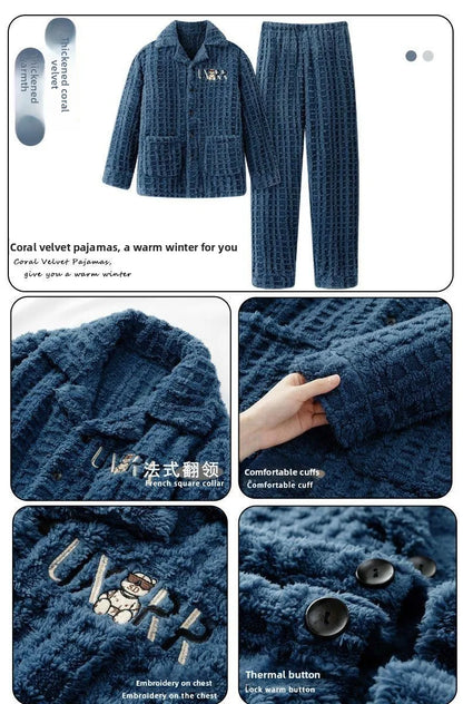 2025 Autumn Winter Coral Fleece Thickened Flannel Sleepwear Home Clothes Set for Men Breathable Long Sleeve Long Pants Pajamas