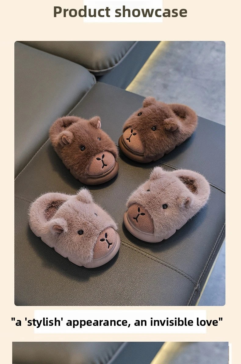 Cute Capybara Cotton Slippers for Children Winter 2025 New Warm Fluffy Home Shoes for Anti Slip Plush Slippers for Children