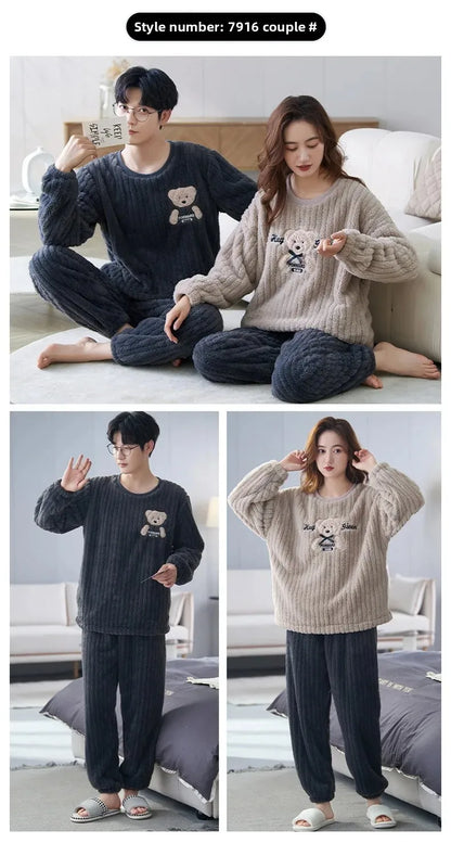 Thickened Coral Fleece Long Sleeve Sleepwear for Couples Spring Autumn Winter Flannel Warm Home Clothes Men Women Winter Home Py