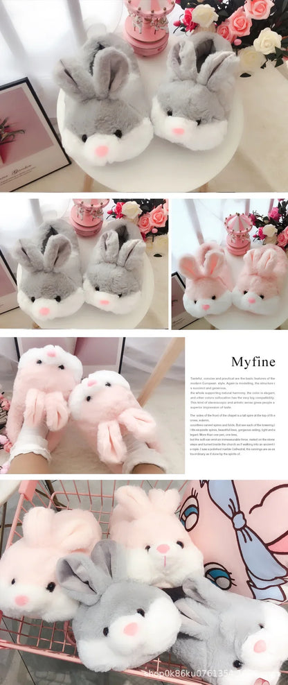 Thickened Plush Home Slippers for Men And Women Cute Rabbit Design Indoor Couples Cotton Slippers with Heel Indoor Shoes