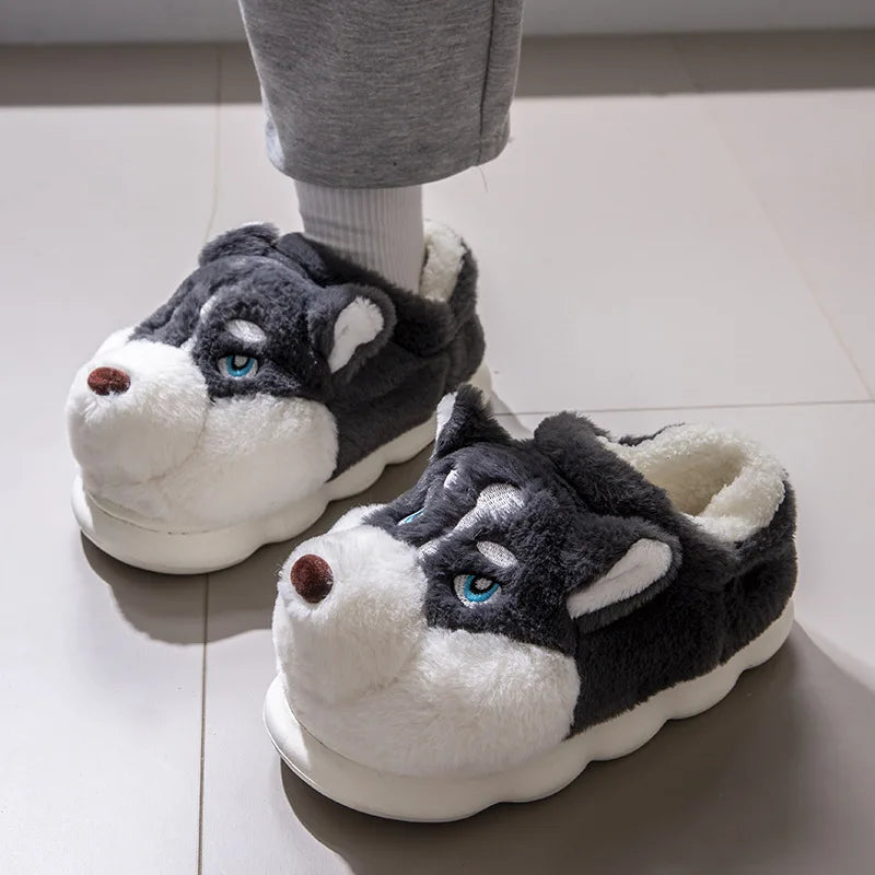 Men Home Cotton Slippers Cute Cartoon Dog Winter Warm Shoes For Couples Soft Plush Anti-slip Male Female Indoor Fluffy Slides